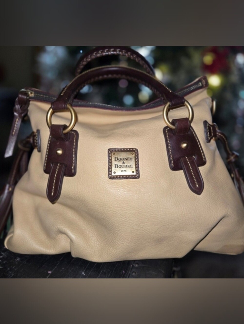 Dooney & Bourke Bone Standwich Leather Satchel w Dark Brown Trim